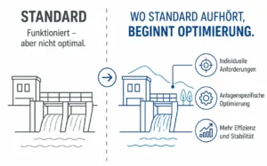 Wo Standard Software endet Wasserkraftanlage mit digitalem Leitstand und Softwarelösungen für Fernzugriff, Anlagendatenanalyse, Turbinenparallelbetrieb, Wehr- und Schleusenregelung sowie vernetzte Kommunikation