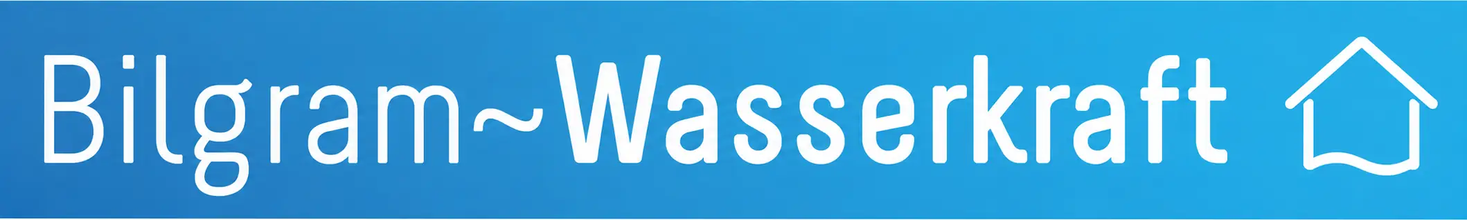 Bilgram Wasserkraft Home rechts Logo der Firma Bilgram Wasserkraft. Weisser Text der Firma Bilgram Wasserkraft auf blauem Hintergrund mit Haus rechts