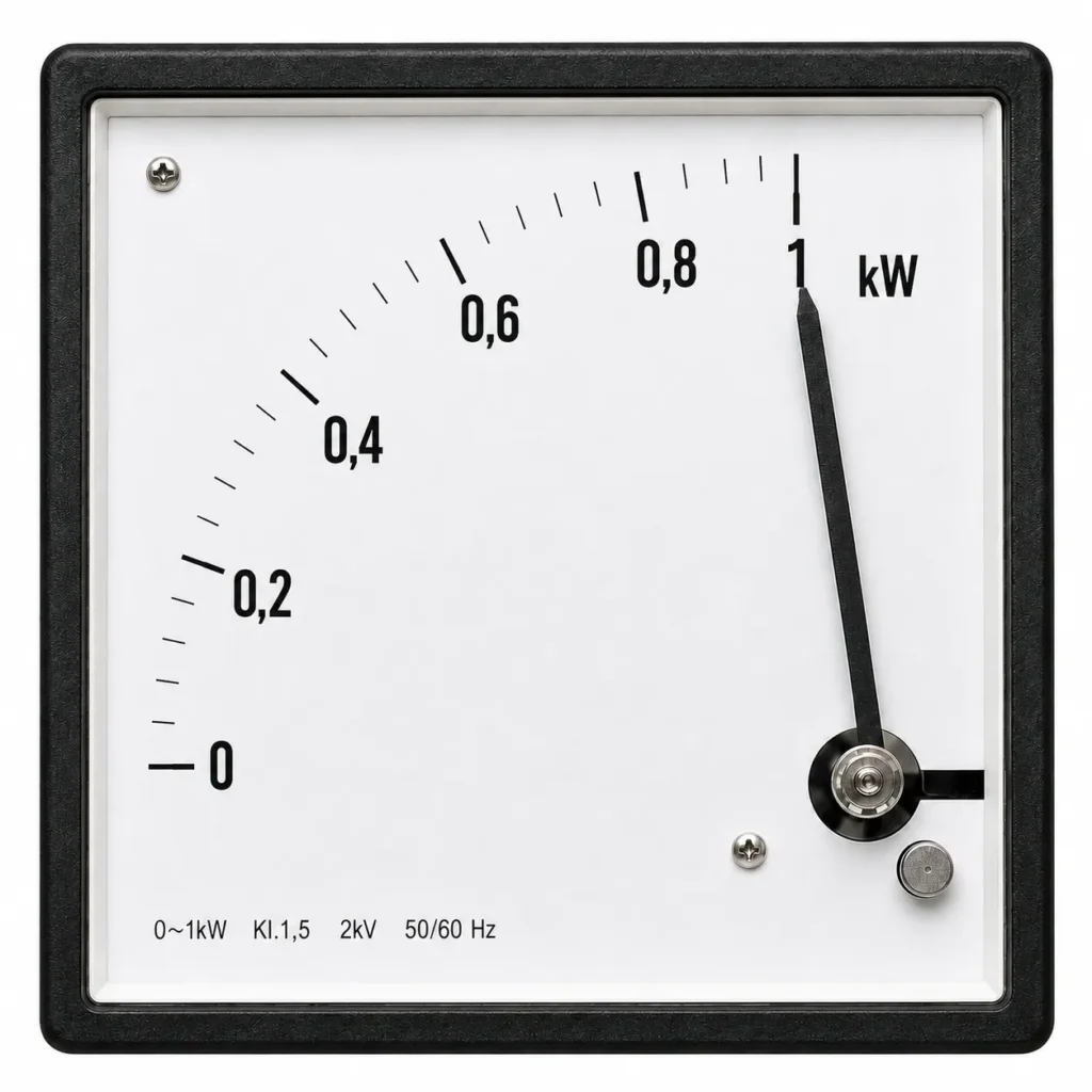 kW Anzeige mit Skala 0-1 kW Zeigerinstrumente einer 1kW Anzeige mit Vollausschlag zur Veranschaulichung einer möglichen Leistungssteigerung.