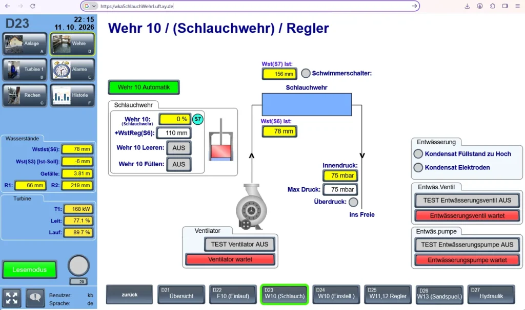 Schlauchwehr Luft Webvisualisierung Bilgram Bilgram-Webvisualisierung für ein luftgefülltes Schlauchwehr mit Übersicht und Einstellungen