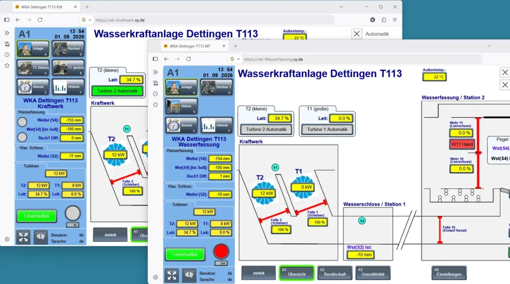Dettingen Wasserschlössle gleichzeitige Sicht auf zwei Webserver Gleichzeitige Webbrowser Ansicht auf-Kraftwerk und Wasserfassung