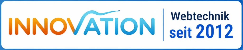 BilgramWasserkraft Webtechnik seit 2012 schmale Darstellung Bild eines Logos mit dem Text Innovation auf dem I symbolische eine Lampe, unten den Text mit Webtechnik seit 2012