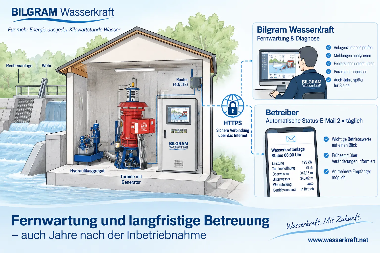 Fernwartung Wasserkraft langfristige Betreuung Bilgram Fernwartung und langfristige Betreuung einer Wasserkraftanlage durch Bilgram Wasserkraft mit HTTPS-Fernzugriff und automatischer Status-E-Mail