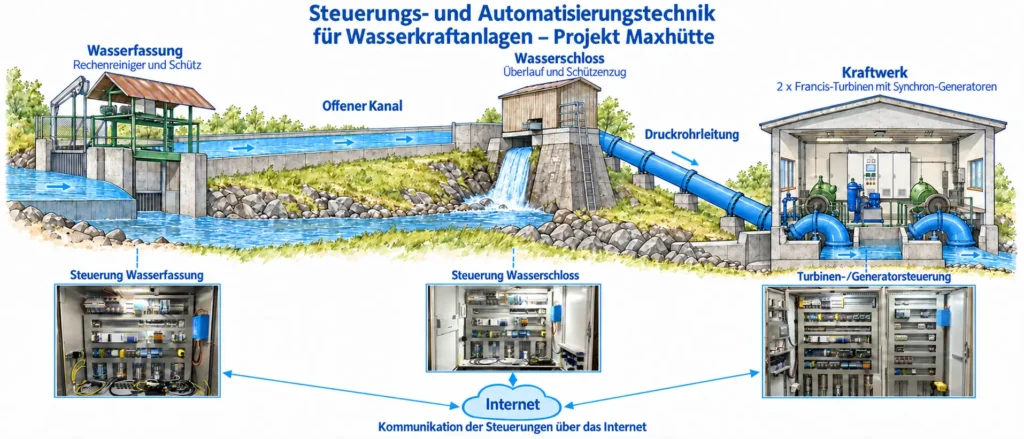 Steuerungs- und Automatisierungstechnik Wasserkraftanlage Maxhütte Schematische Übersicht der Wasserkraftanlage Maxhütte mit Wasserfassung, offenem Kanal, Wasserschloss, Druckrohrleitung, Kraftwerk und drei über das Internet vernetzten Steuerungen.